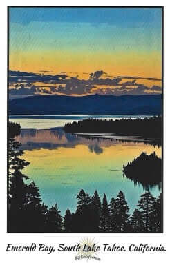 Emerald Bay Sticker showing a scenic sunset view over Lake Tahoe with vibrant reflections.