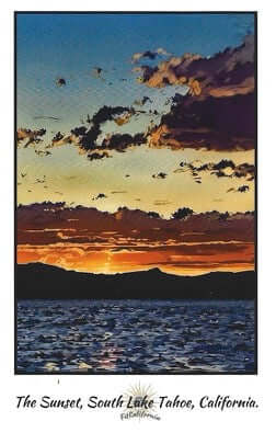 Lake Tahoe Sunset Vinyl Sticker featuring a stunning sunset over Lake Tahoe, California with vibrant colors.